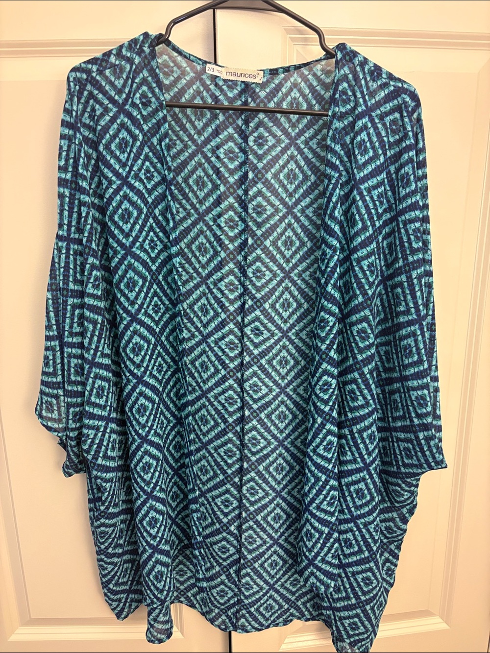 Maurices Teal and Navy Geometric Open-Front Sweater